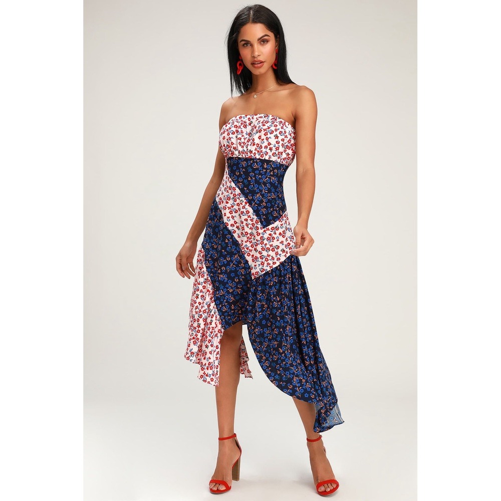 NEW Golden Hour Blush Navy Floral Print Strapless Midi Dress Asymmetrical Spring - Picture 2 of 7